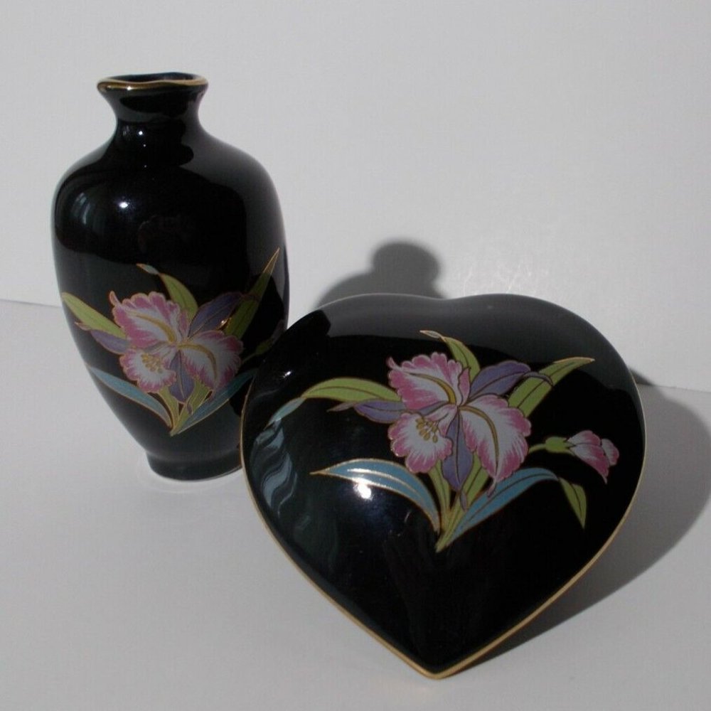 VTG OTAGIRI Black Orchid Set of 2 Vase and Box